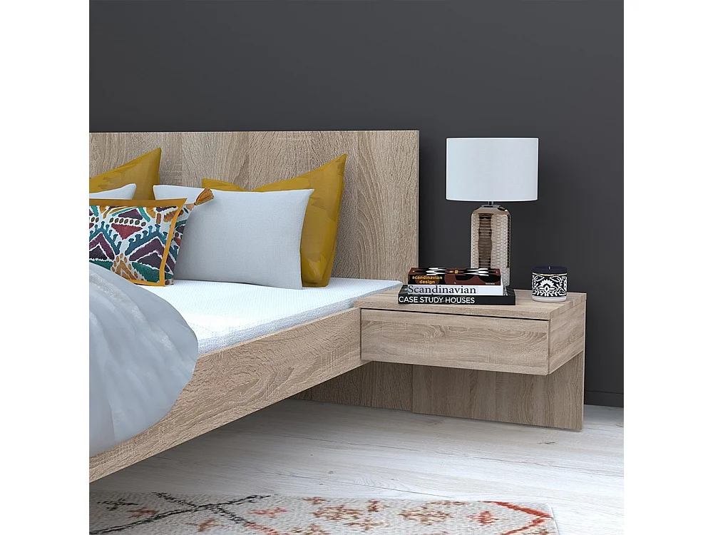 Lit 2 places 140x190cm couleur chêne CAIL inclus sommier et 2 chevets