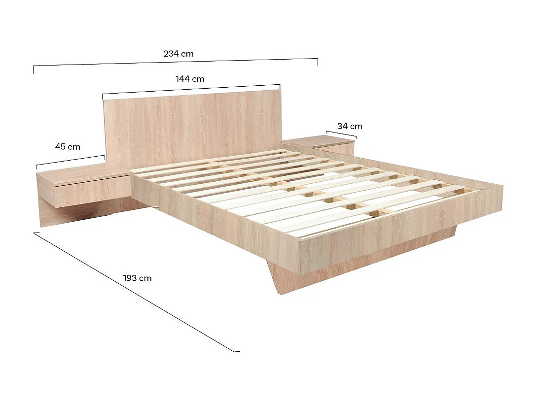 Lit 2 places 140x190cm couleur chêne CAIL inclus sommier et 2 chevets