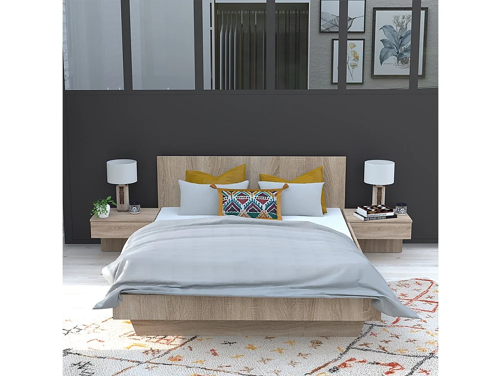 Lit 2 places 140x190cm couleur chêne CAIL inclus sommier et 2 chevets