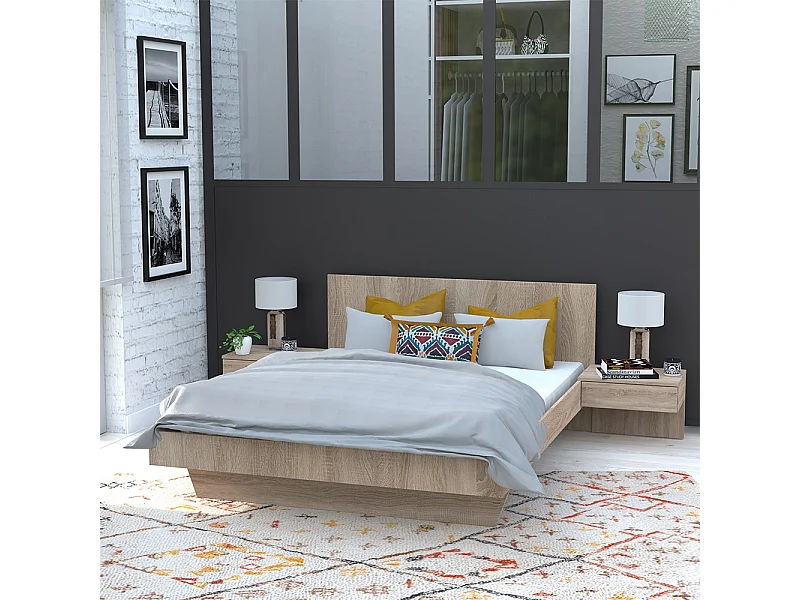 Lit 2 places 140x190cm couleur chêne CAIL inclus sommier et 2 chevets