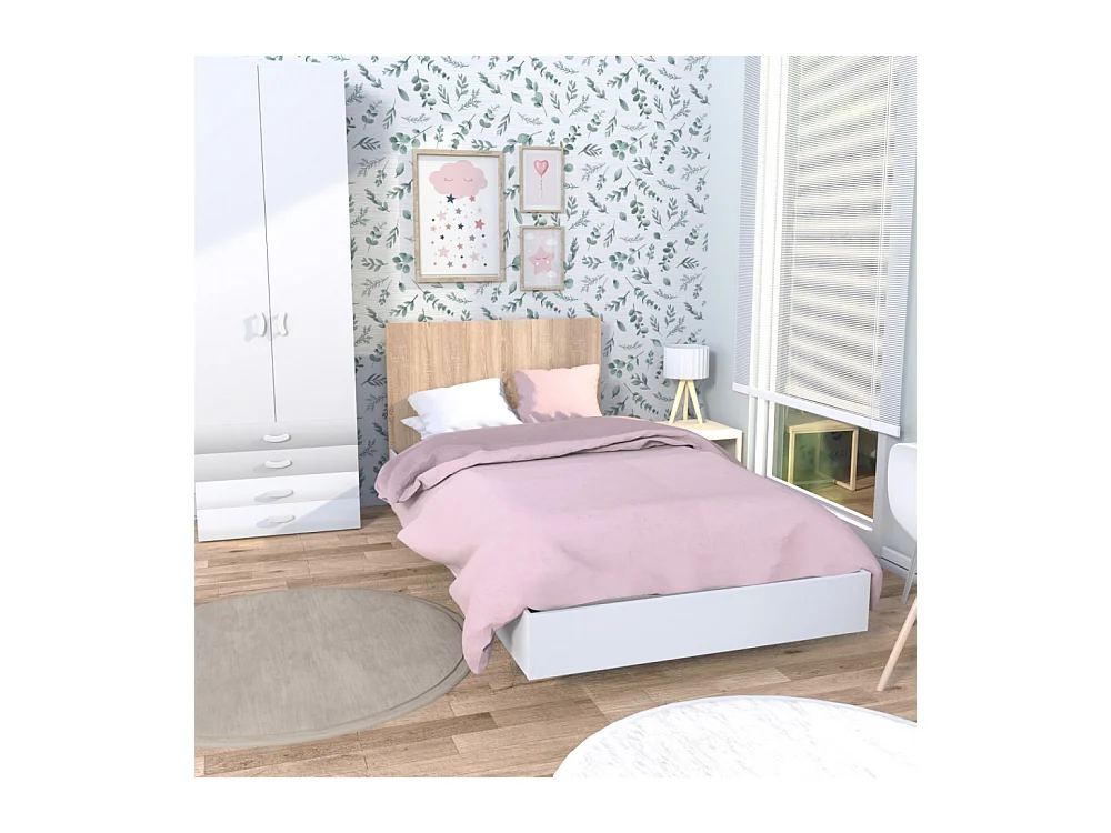 Lit simple 1 place 90x190cm Blanc et artisan avec sommier LIFA