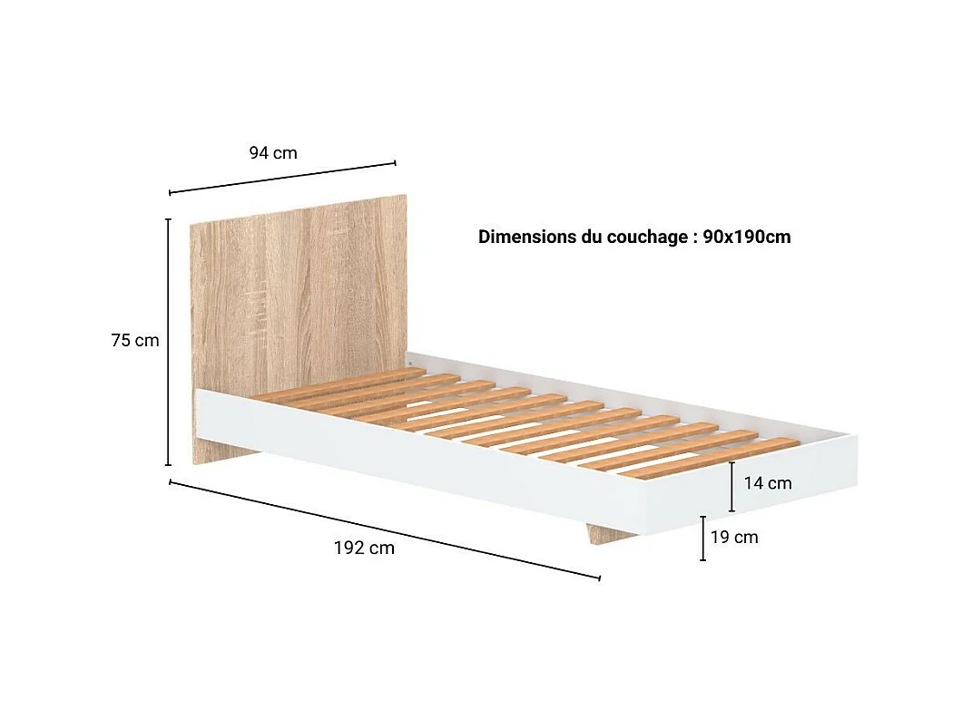 Lit simple 1 place 90x190cm Blanc et artisan avec sommier LIFA
