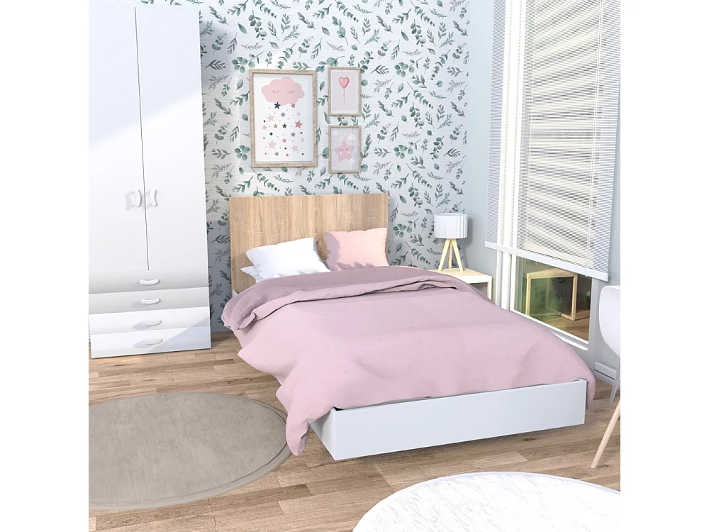 Lit simple 1 place 90x190cm Blanc et artisan avec sommier LIFA