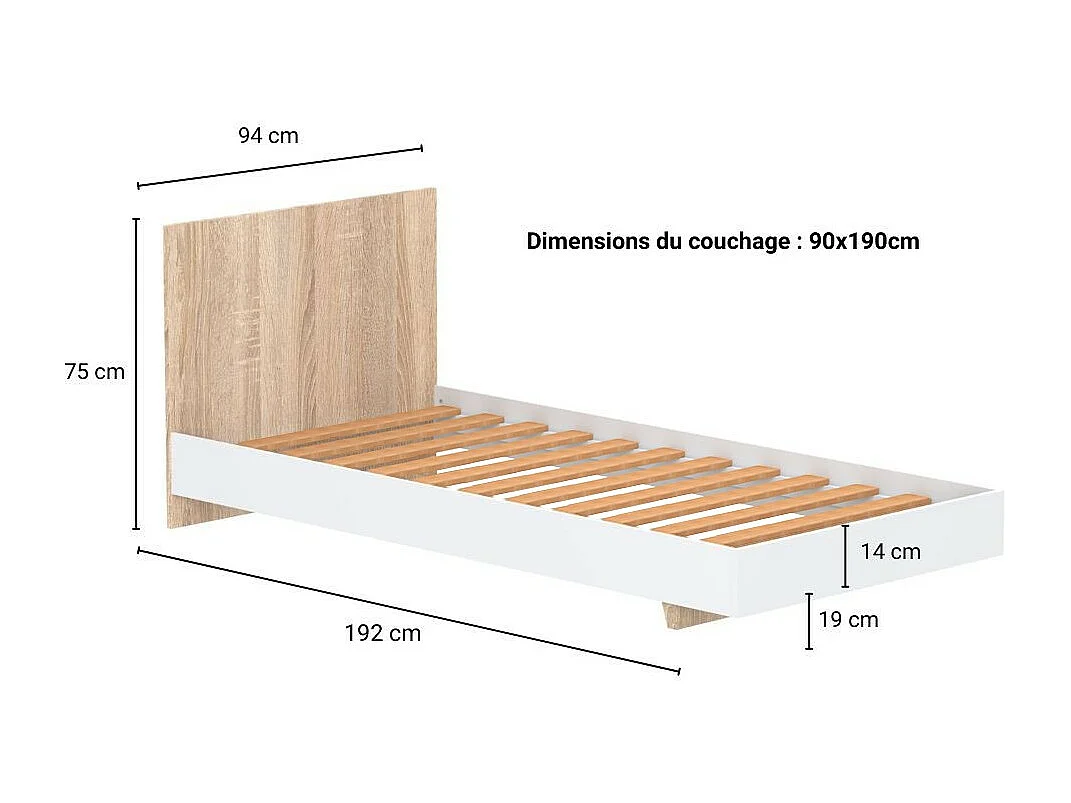 Lit simple 1 place 90x190cm Blanc et artisan avec sommier LIFA