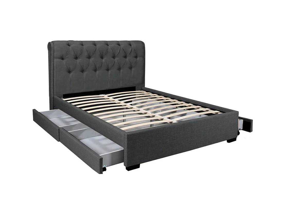 Lit 2 places 140x190cm CHALIN Gris foncé avec tête de lit inclus sommier et 4 tiroirs pour rangement