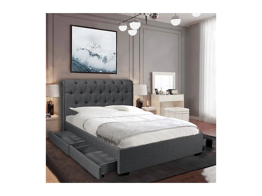 Lit 2 places 140x190cm CHALIN Gris foncé avec tête de lit inclus sommier et 4 tiroirs pour rangement