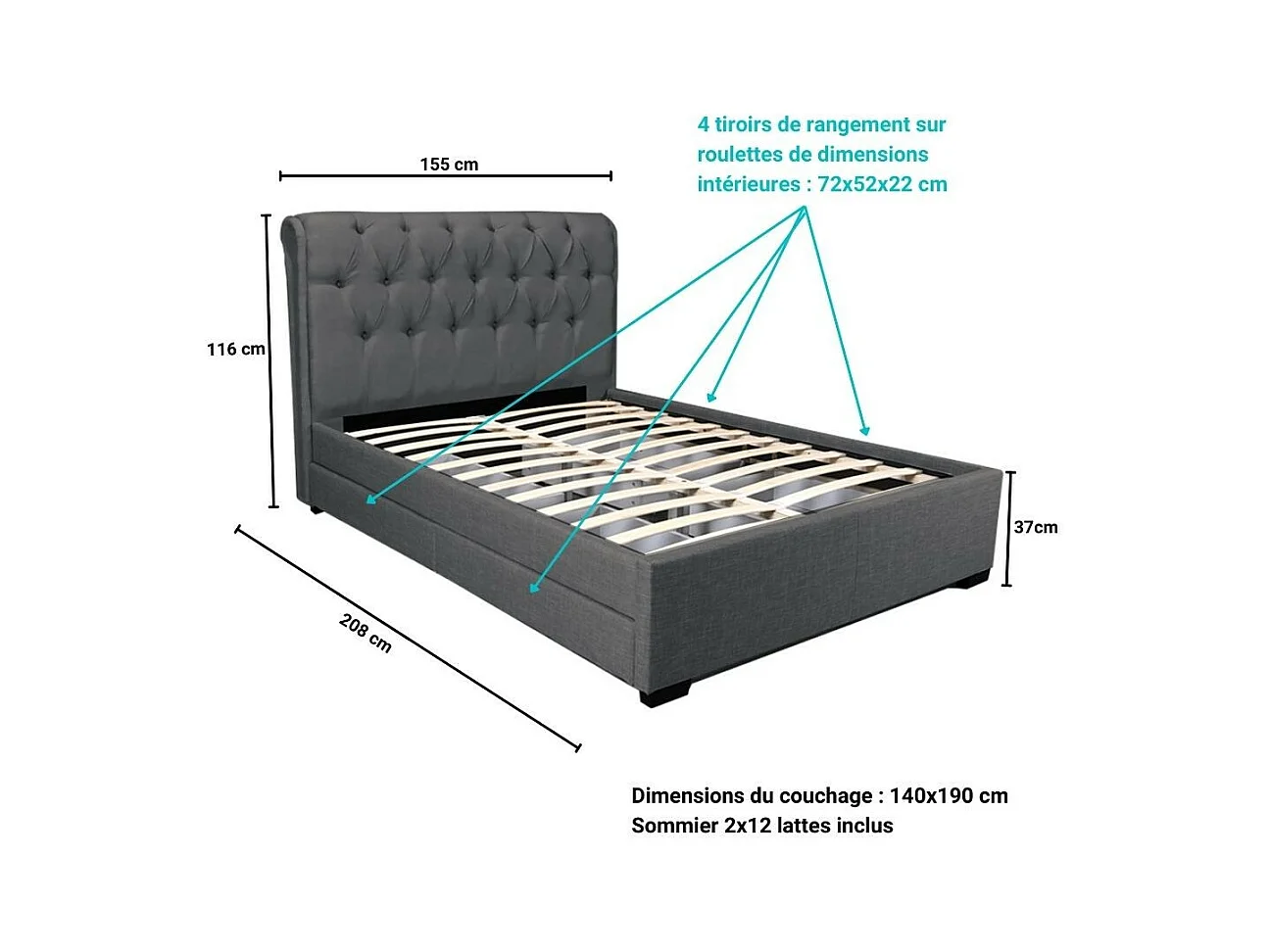 Lit 2 places 140x190cm CHALIN Gris foncé avec tête de lit inclus sommier et 4 tiroirs pour rangement