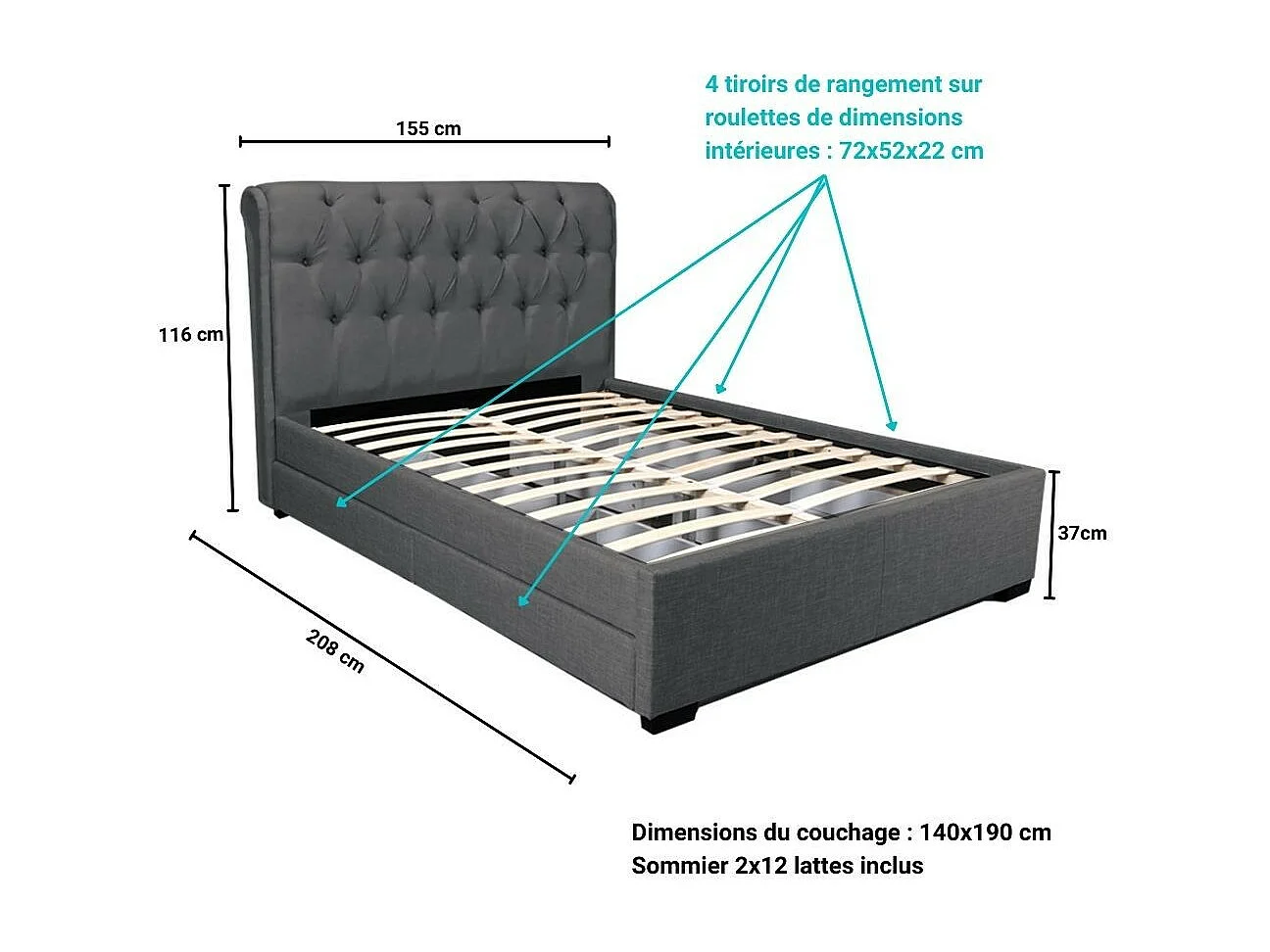 Lit 2 places 140x190cm CHALIN Gris foncé avec tête de lit inclus sommier et 4 tiroirs pour rangement