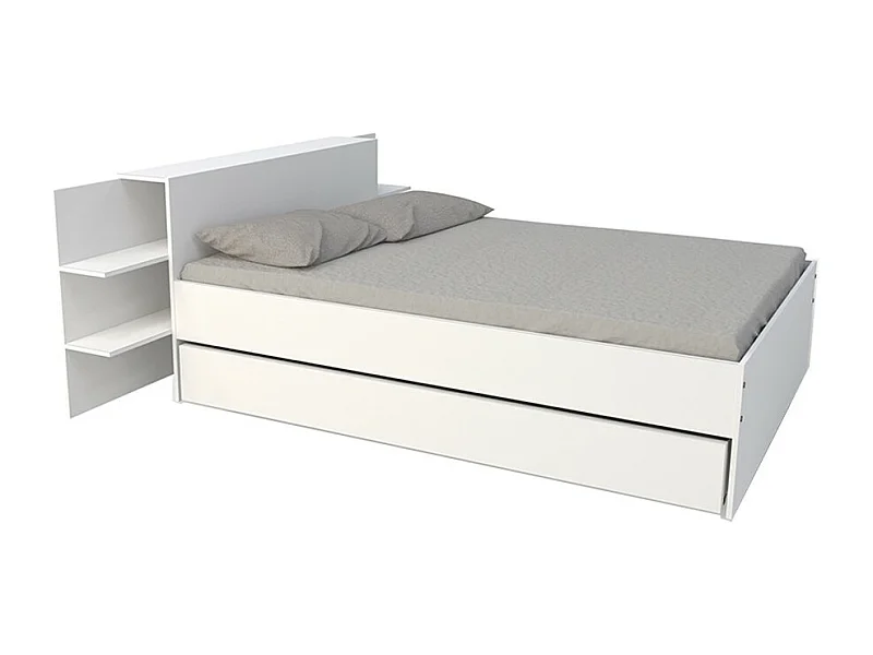 Lit 2 places 140x190cm Blanc CITA inclus sommier et tete de lit chevet et tiroir
