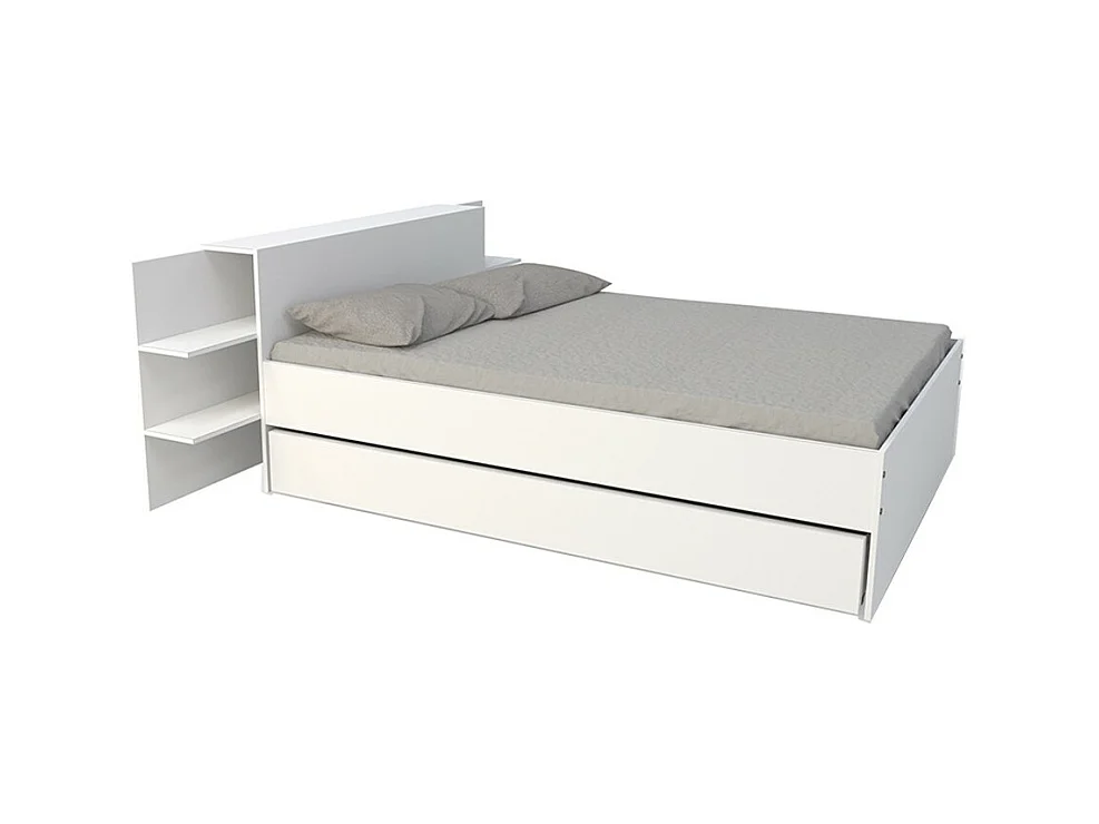 Lit 2 places 140x190cm Blanc CITA inclus sommier et tete de lit chevet et tiroir
