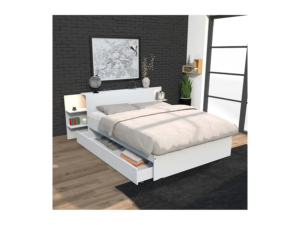 Lit 2 places 140x190cm Blanc CITA inclus sommier et tete de lit chevet et tiroir