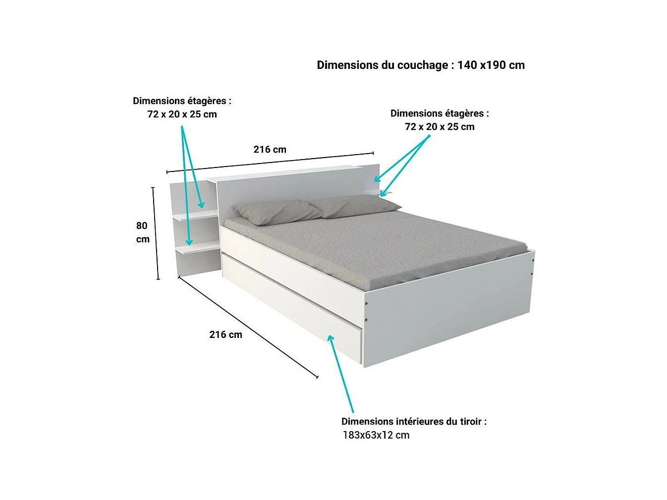 Lit 2 places 140x190cm Blanc CITA inclus sommier et tete de lit chevet et tiroir