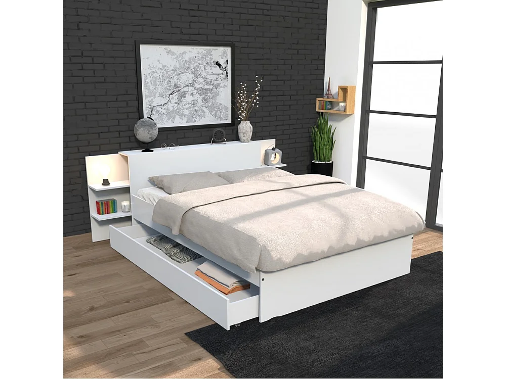 Lit 2 places 140x190cm Blanc CITA inclus sommier et tete de lit chevet et tiroir