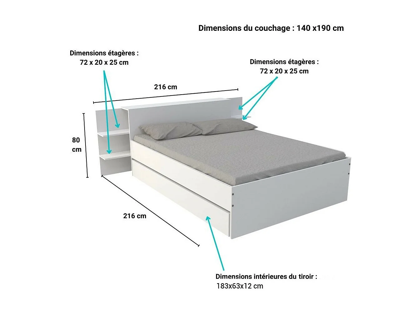 Lit 2 places 140x190cm Blanc CITA inclus sommier et tete de lit chevet et tiroir