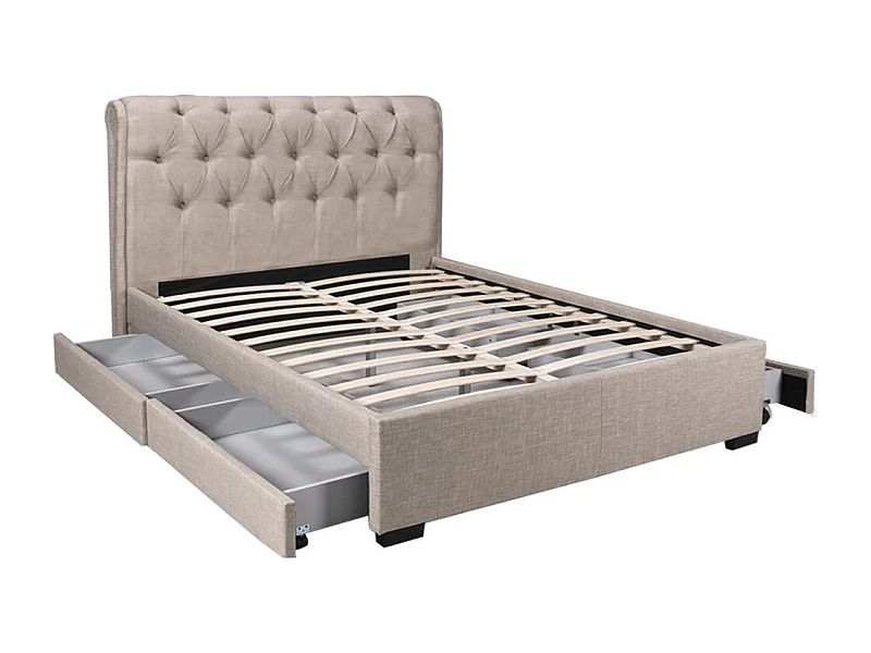 Lit 2 places 160x200cm CHALIN beige avec tête de lit inclus sommier et 4 tiroirs pour rangement