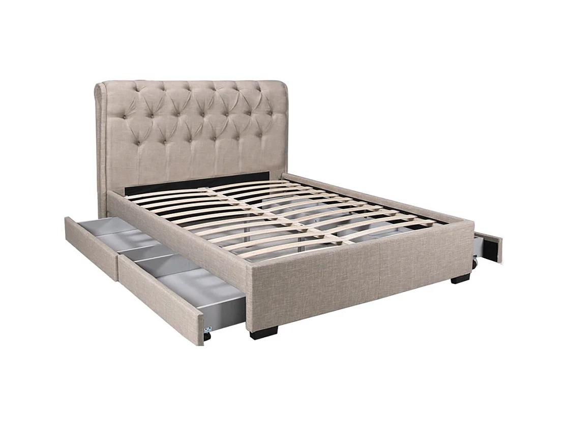 Lit 2 places 160x200cm CHALIN beige avec tête de lit inclus sommier et 4 tiroirs pour rangement