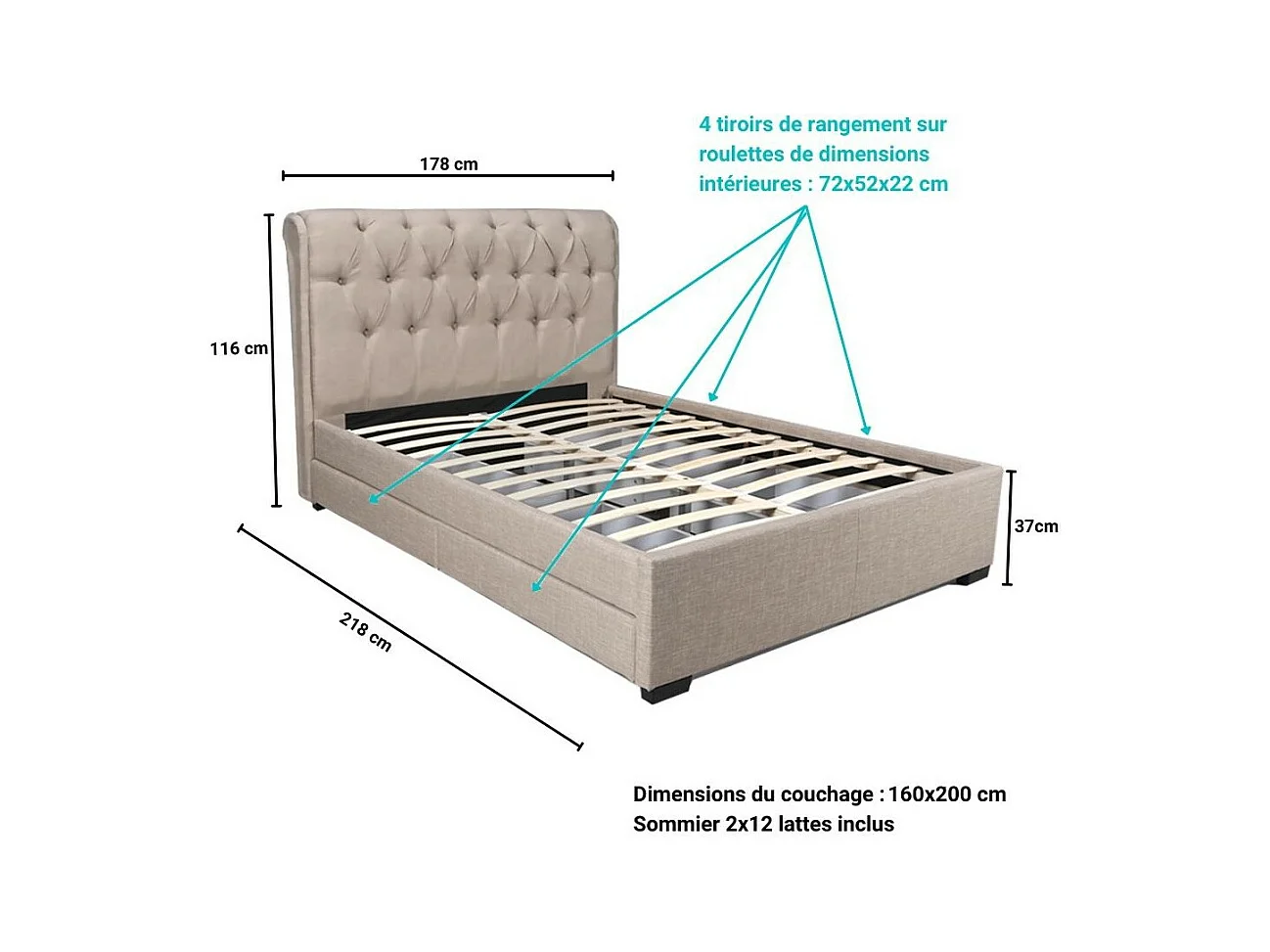 Lit 2 places 160x200cm CHALIN beige avec tête de lit inclus sommier et 4 tiroirs pour rangement