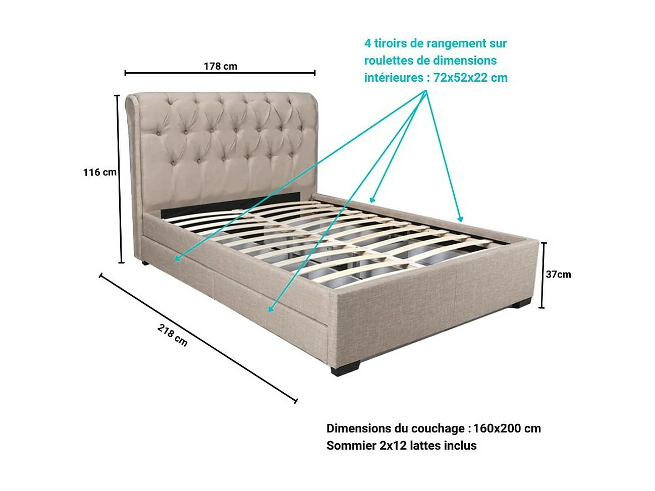 Lit 2 places 160x200cm CHALIN beige avec tête de lit inclus sommier et 4 tiroirs pour rangement