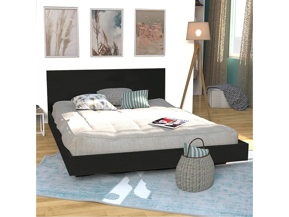 Lit 2 places 160x200cm Noir  LIFA inclus sommier et tête de lit