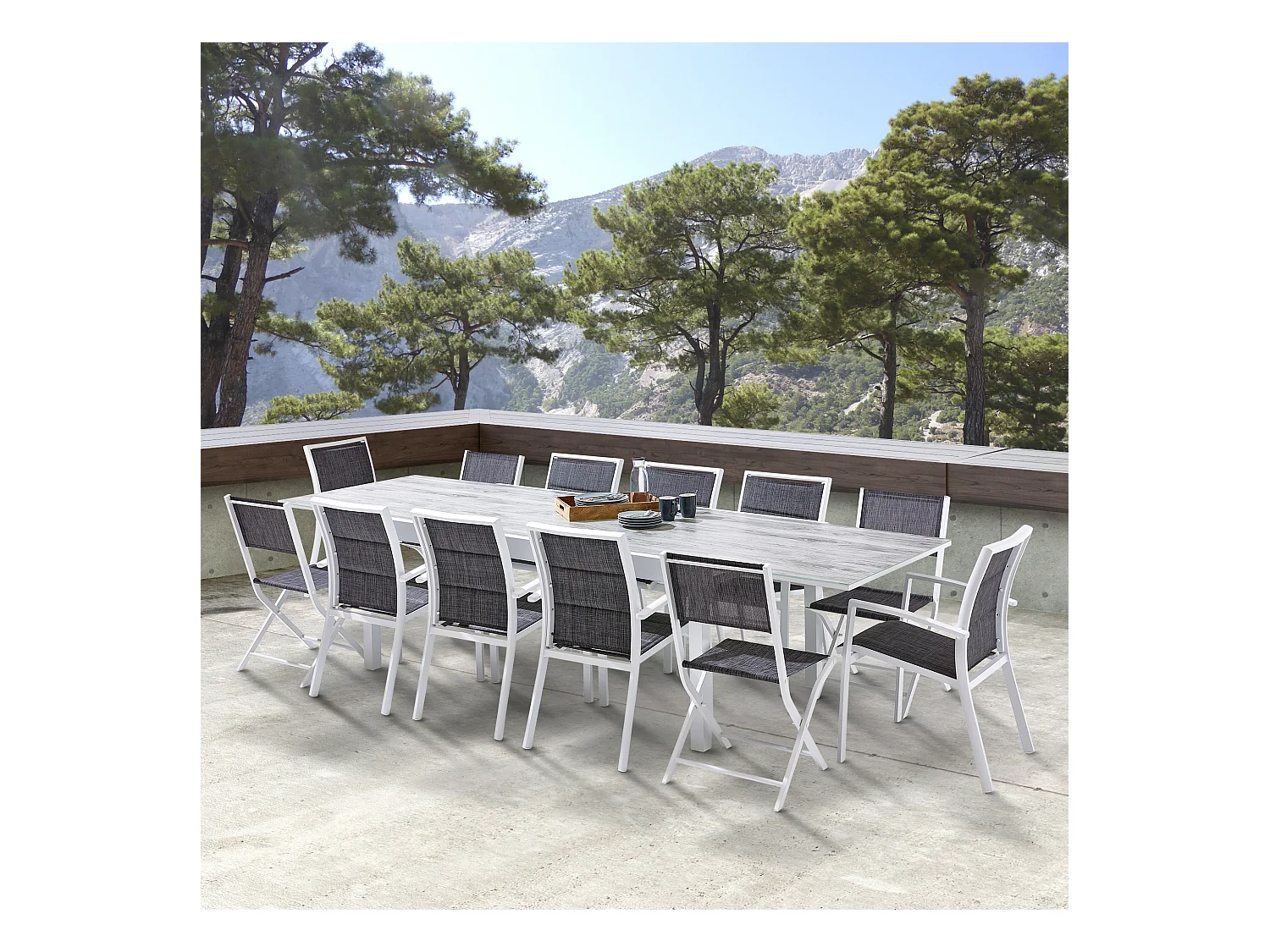 Ensemble MODULO 6/10p en aluminium blanc et verre décors bois avec 10 fauteuils en textilène