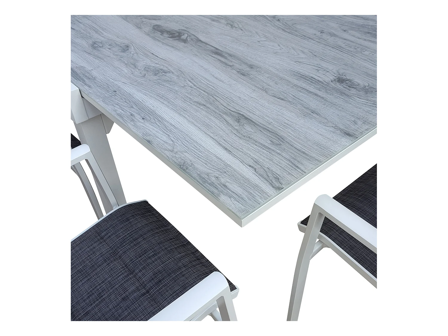 Ensemble MODULO 6/10p en aluminium blanc et verre décors bois avec 10 fauteuils en textilène