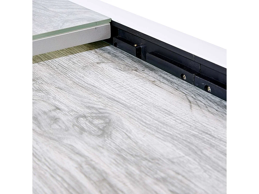 Ensemble MODULO 6/10p en aluminium blanc et verre décors bois avec 10 fauteuils en textilène