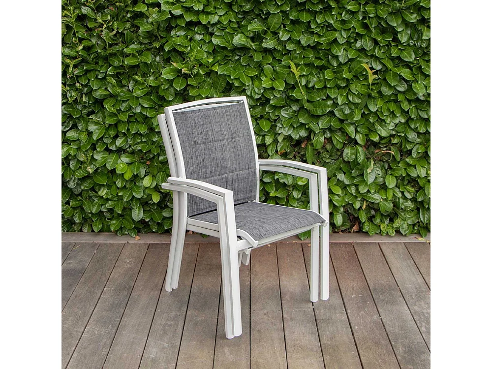 Ensemble MODULO 6/10p en aluminium blanc et verre décors bois avec 10 fauteuils en textilène