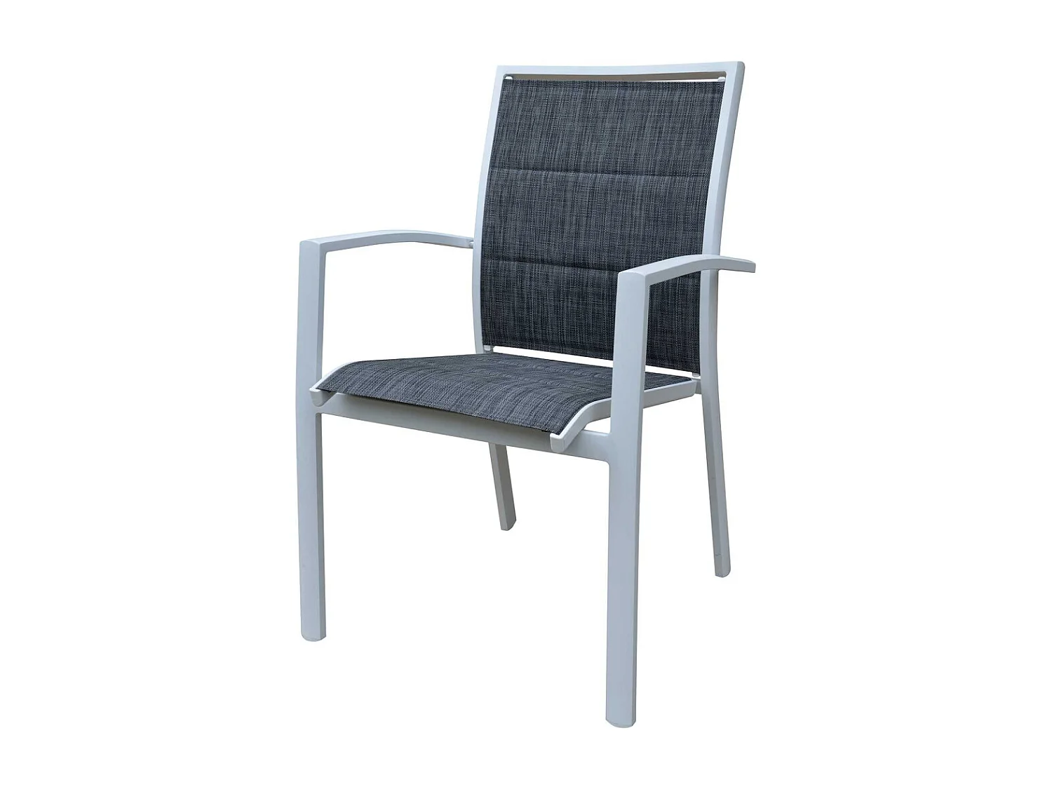 Ensemble MODULO 6/10p en aluminium blanc et verre décors bois avec 10 fauteuils en textilène