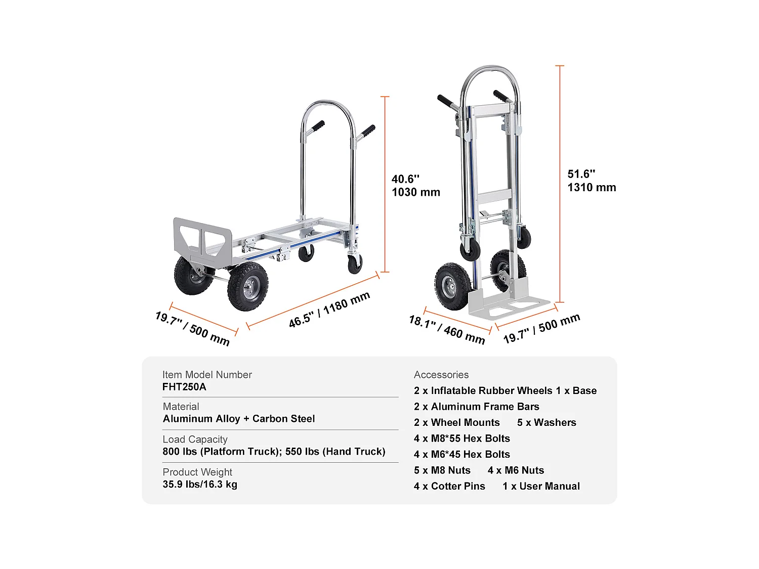 Carrinho de mão em Alumínio SucceBuy, Carrinho Dobrável 2 em 1, Capacidade de Carga de 800 lb