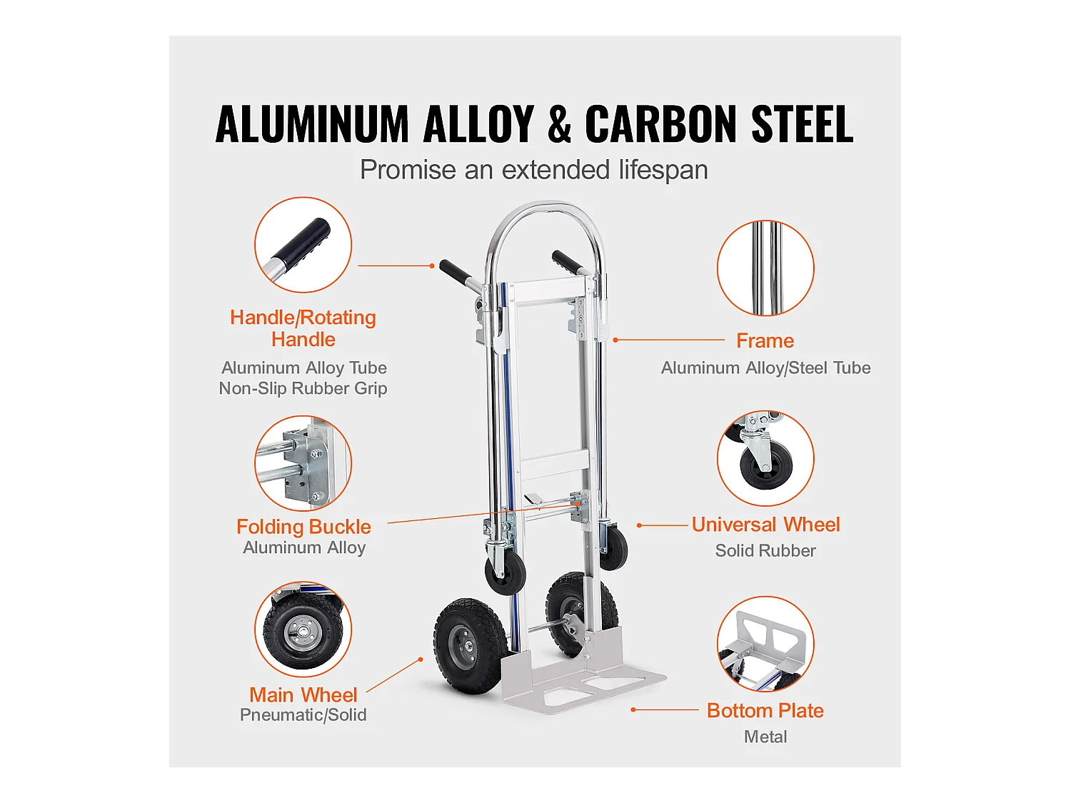 Carrinho de mão em Alumínio SucceBuy, Carrinho Dobrável 2 em 1, Capacidade de Carga de 800 lb