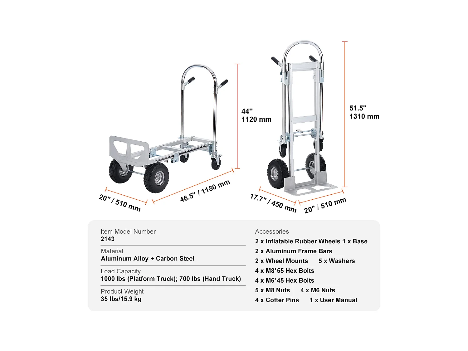 Diable en Aluminium SucceBuy, 2 en 1, Capacité de 1 000 Lb, Chariot Pliable, Robuste