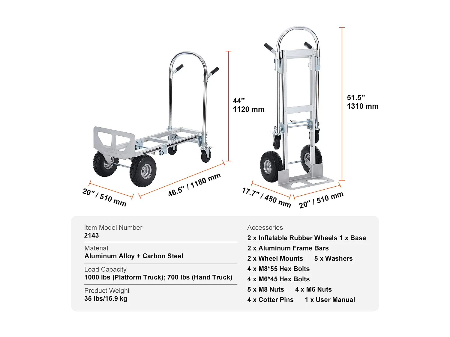 Diable en Aluminium SucceBuy, 2 en 1, Capacité de 1 000 Lb, Chariot Pliable, Robuste