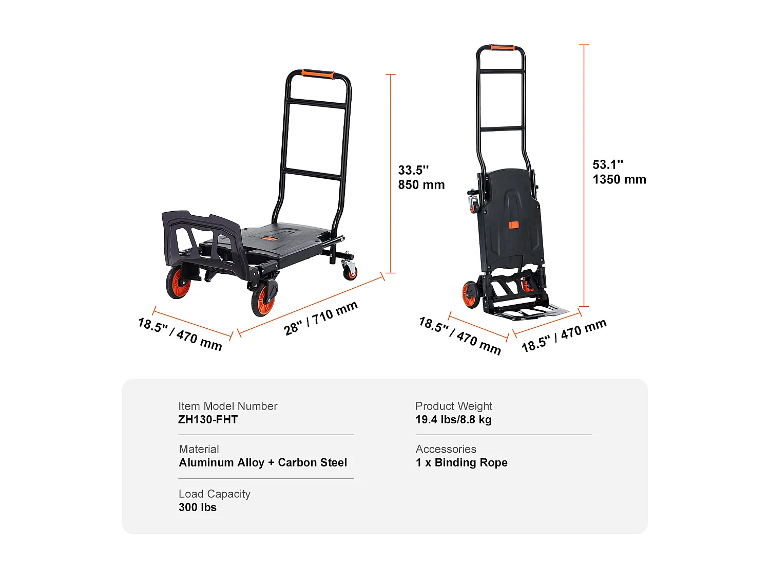 Diable en Aluminium SucceBuy, Chariot Pliable 2 en 1, Capacité de Charge de 300 Lb