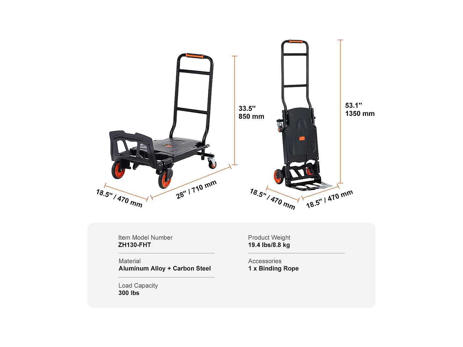 Diable en Aluminium SucceBuy, Chariot Pliable 2 en 1, Capacité de Charge de 300 Lb