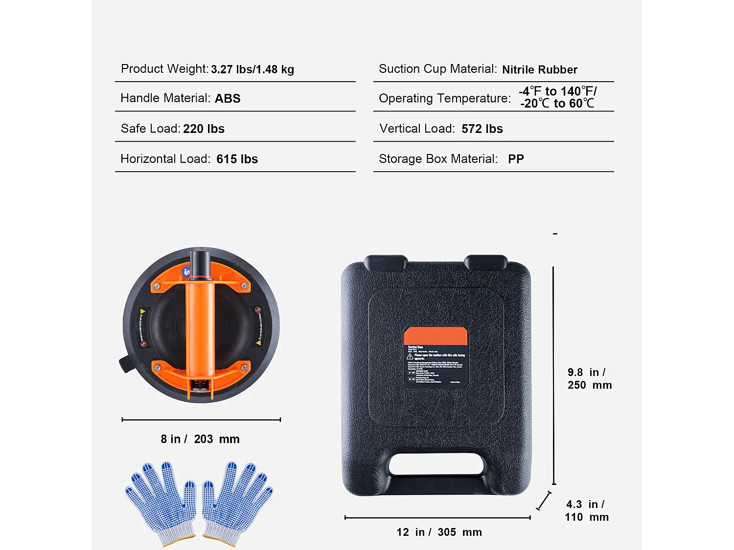 Ventosa de Vacío SucceBuy de 8", Elevador de Vidrio de 615 Lb, Mango de ABS con Caja de PP