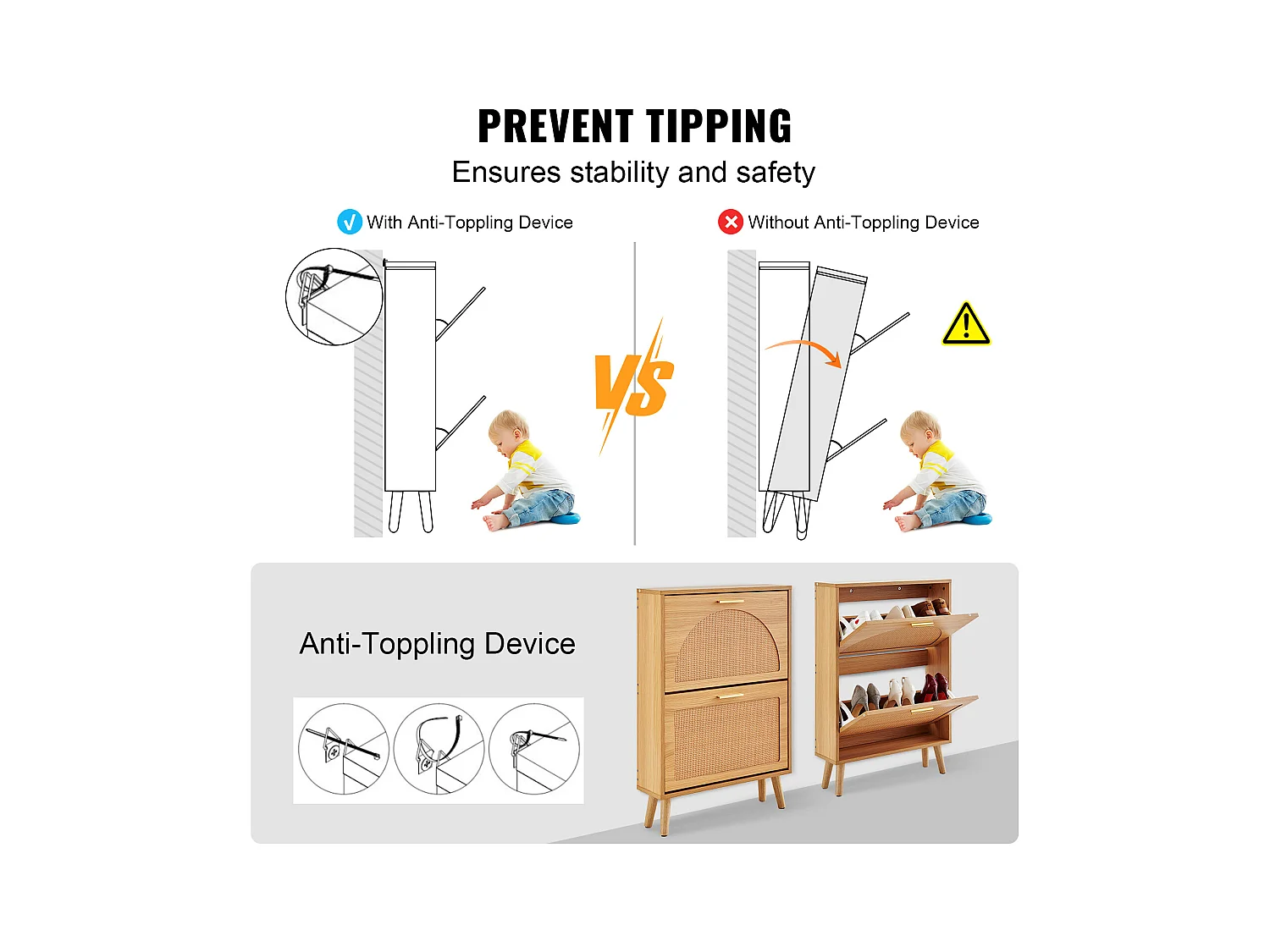 Meuble à Chaussures SucceBuy avec 2 Tiroirs Rabattables, Rangement en Rotin pour l'Entrée