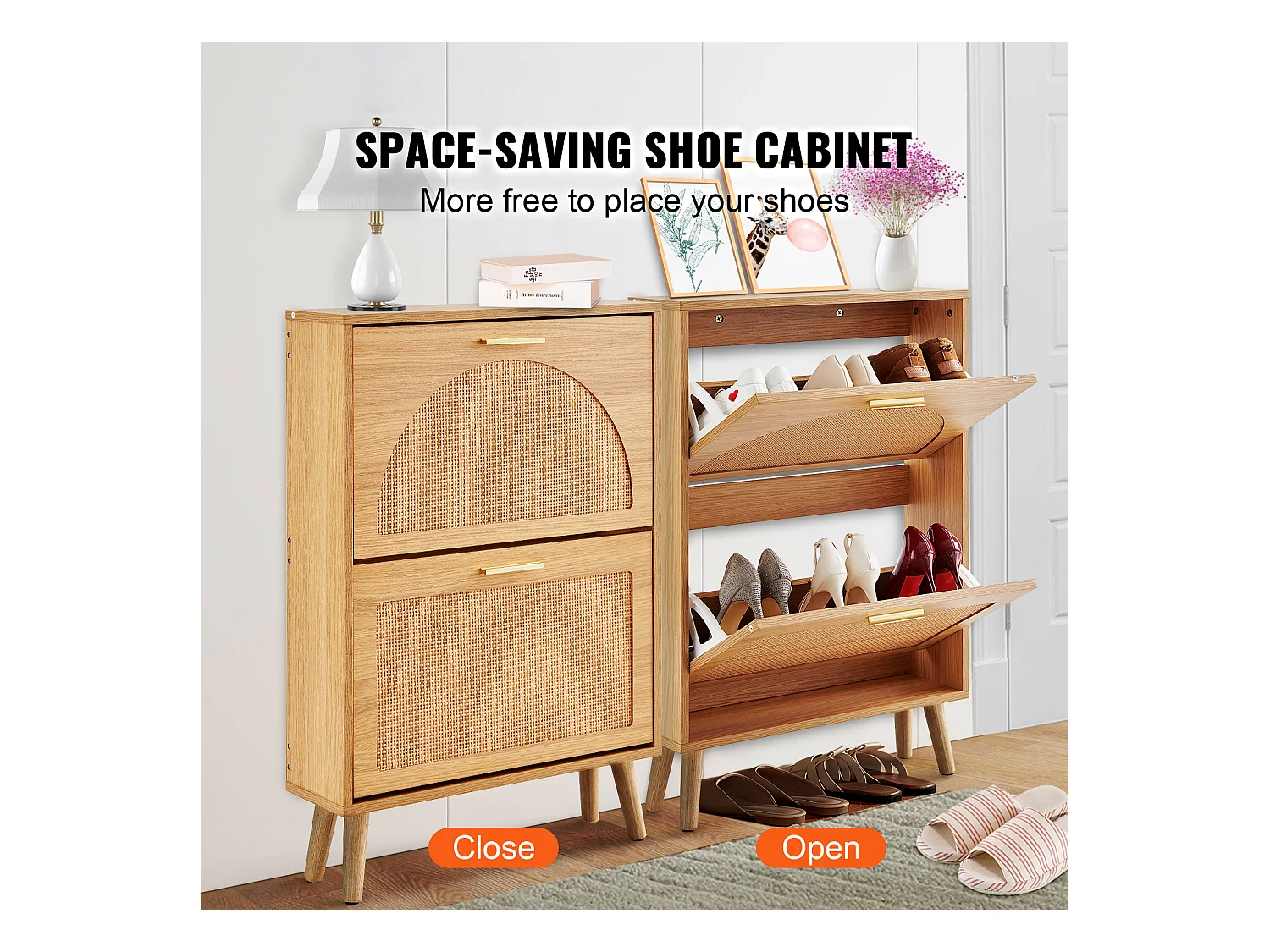 Meuble à Chaussures SucceBuy avec 2 Tiroirs Rabattables, Rangement en Rotin pour l'Entrée