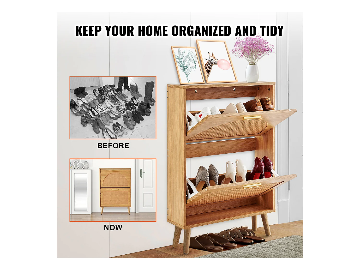 Meuble à Chaussures SucceBuy avec 2 Tiroirs Rabattables, Rangement en Rotin pour l'Entrée