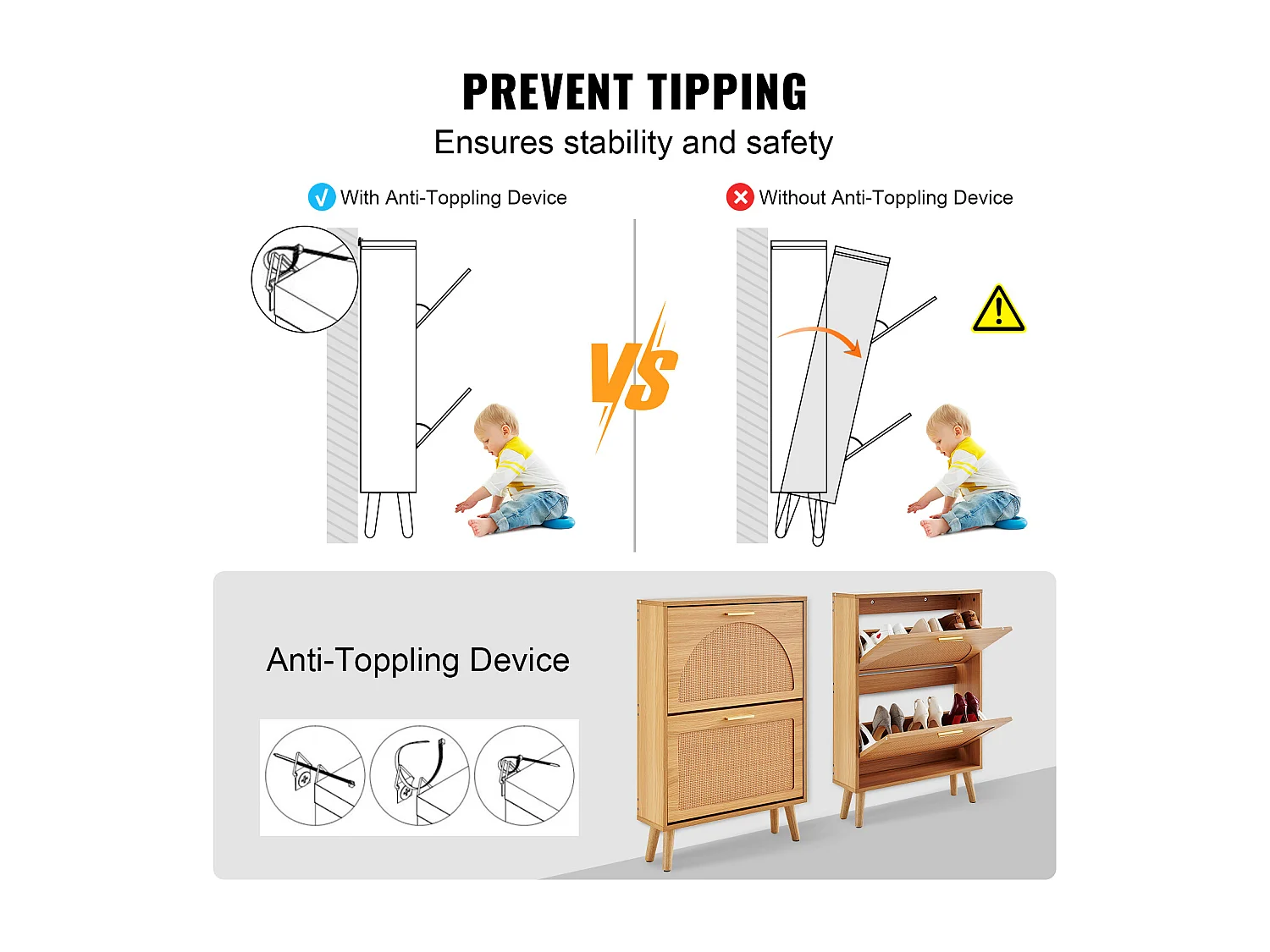 Scarpiera SucceBuy con 2 Cassetti Pieghevoli, Contenitore in Rattan per Ingresso