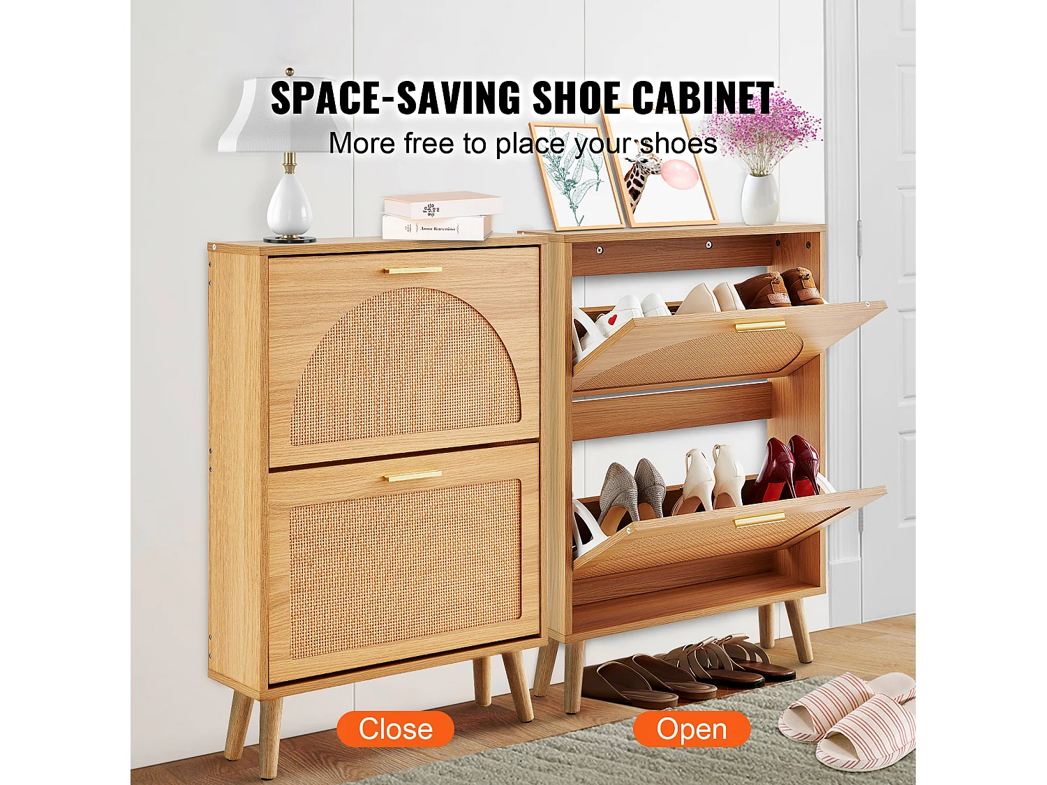 Scarpiera SucceBuy con 2 Cassetti Pieghevoli, Contenitore in Rattan per Ingresso