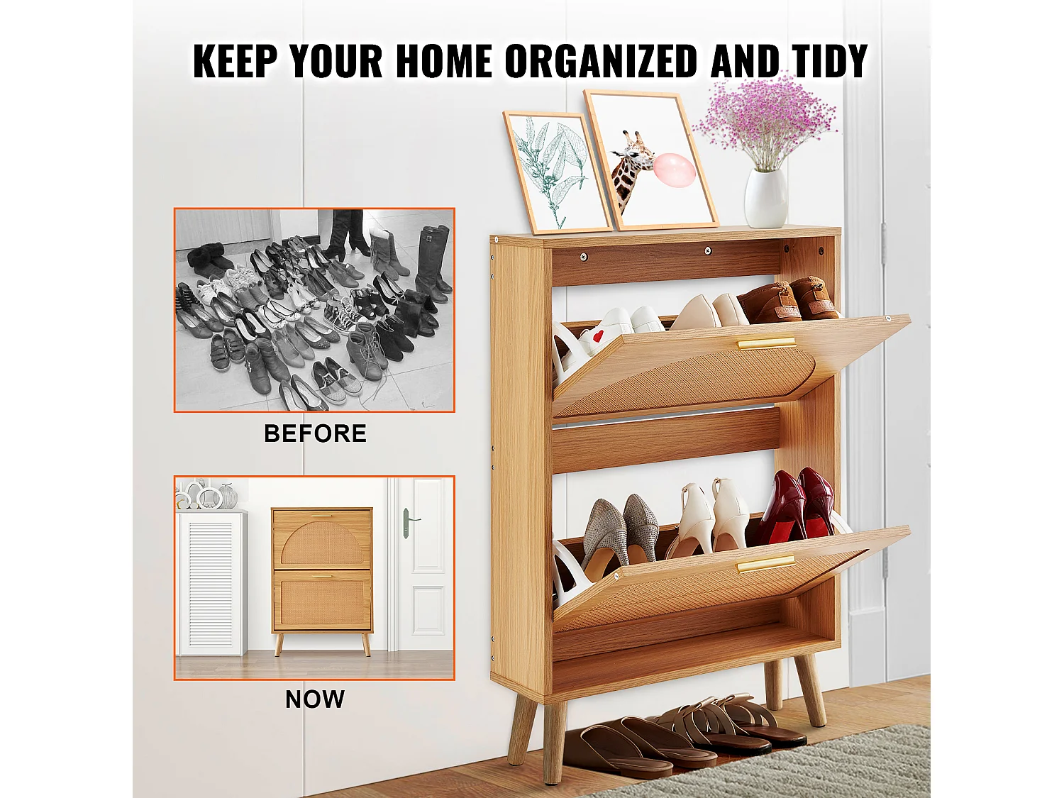 Scarpiera SucceBuy con 2 Cassetti Pieghevoli, Contenitore in Rattan per Ingresso