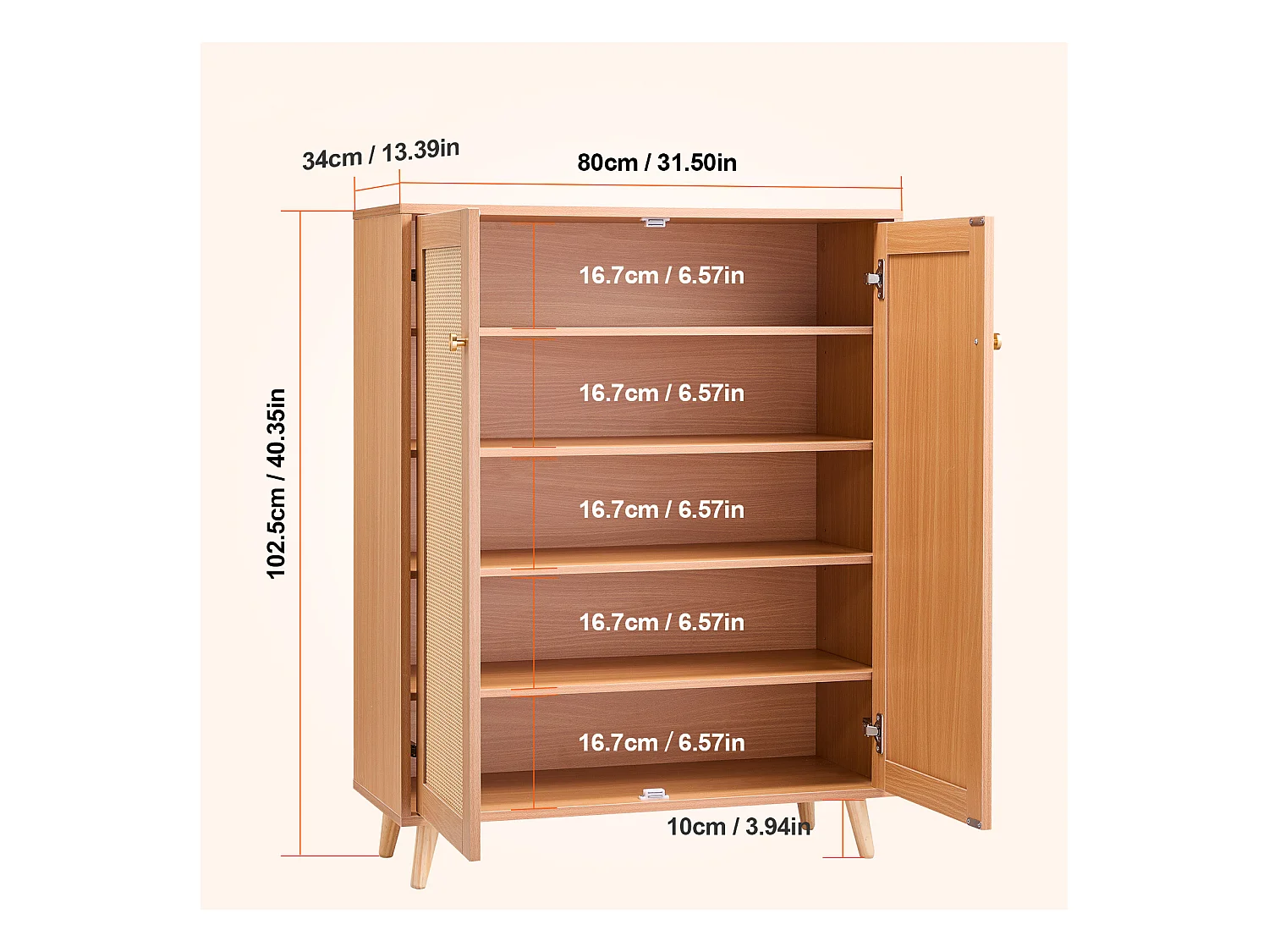 Meuble à Chaussures en Rotin SucceBuy 5 Niveaux 2 Portes Étagères Réglables