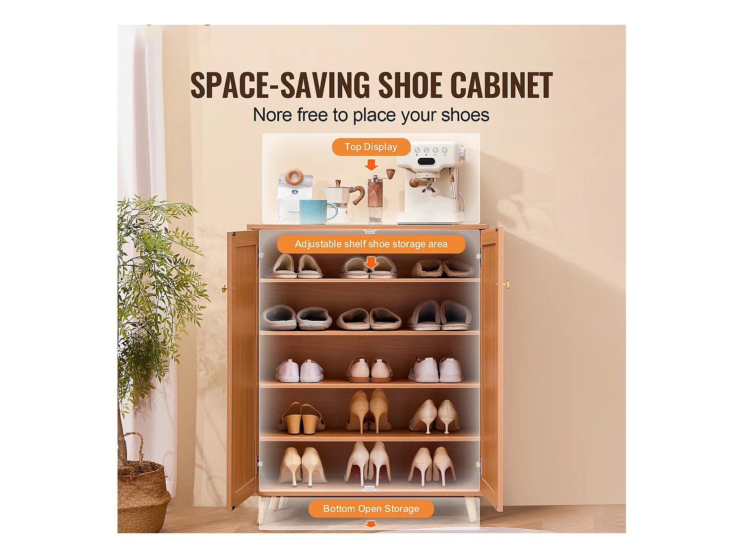 Meuble à Chaussures en Rotin SucceBuy 5 Niveaux 2 Portes Étagères Réglables