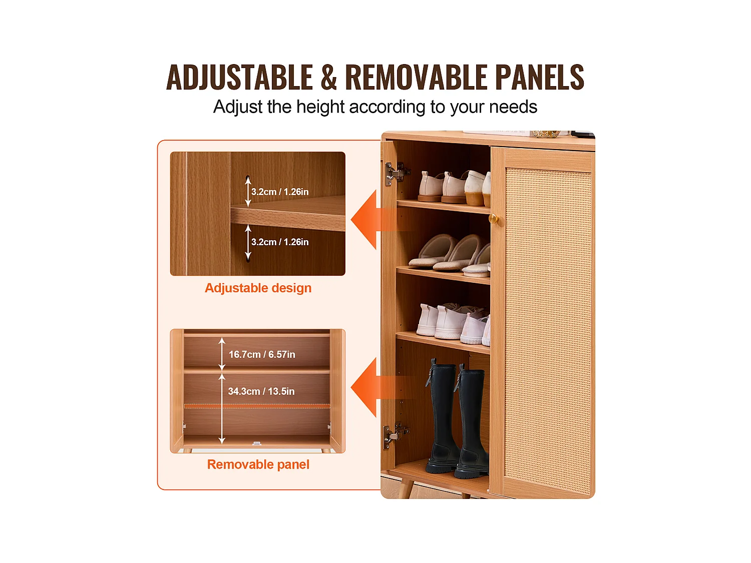 Meuble à Chaussures en Rotin SucceBuy 5 Niveaux 2 Portes Étagères Réglables