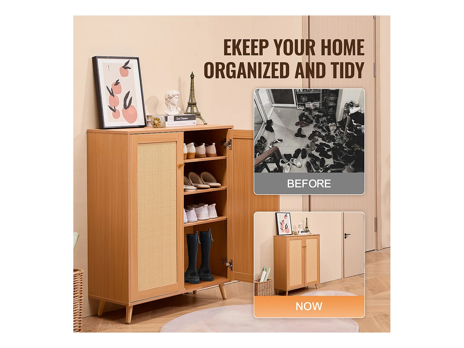 Meuble à Chaussures en Rotin SucceBuy 5 Niveaux 2 Portes Étagères Réglables