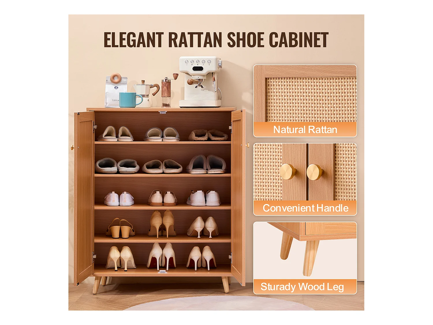 Meuble à Chaussures en Rotin SucceBuy 5 Niveaux 2 Portes Étagères Réglables