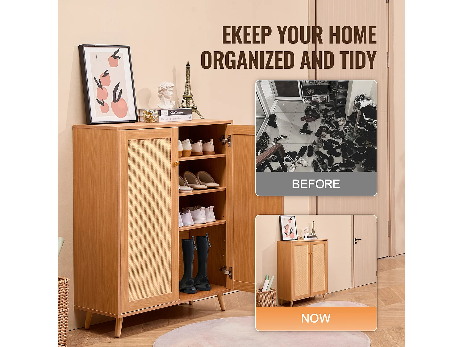 Scarpiera in Rattan SucceBuy 5 Ripiani 2 Ante Ripiani Regolabili