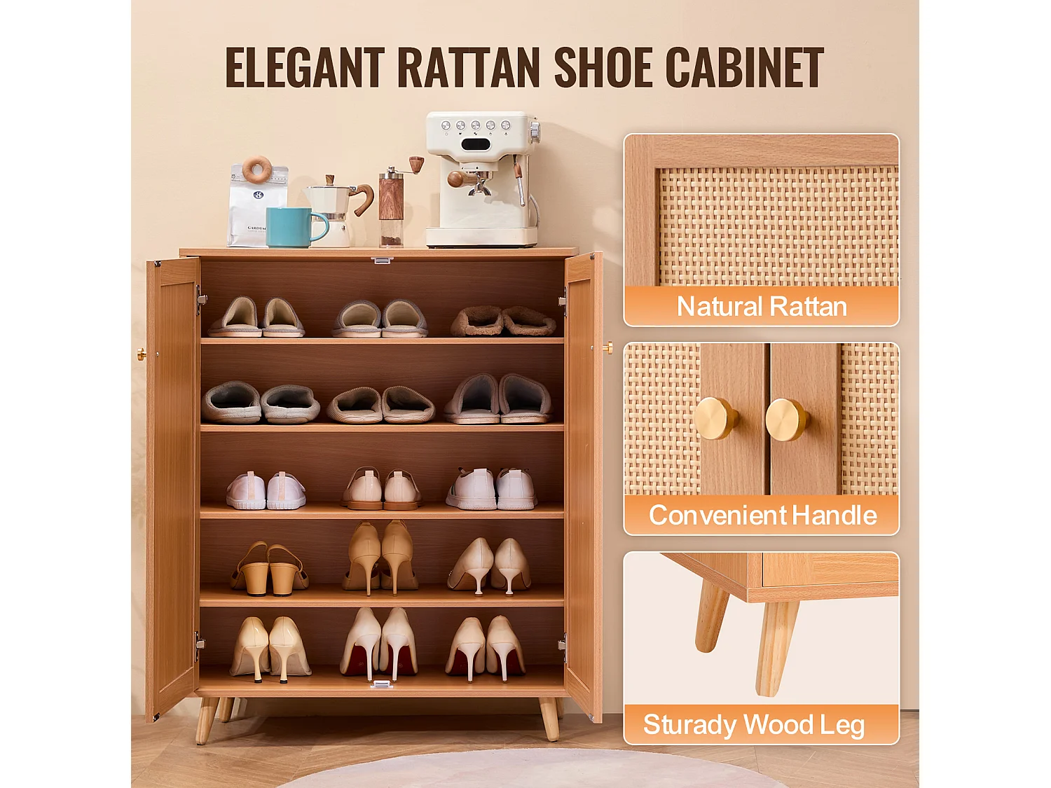 Scarpiera in Rattan SucceBuy 5 Ripiani 2 Ante Ripiani Regolabili