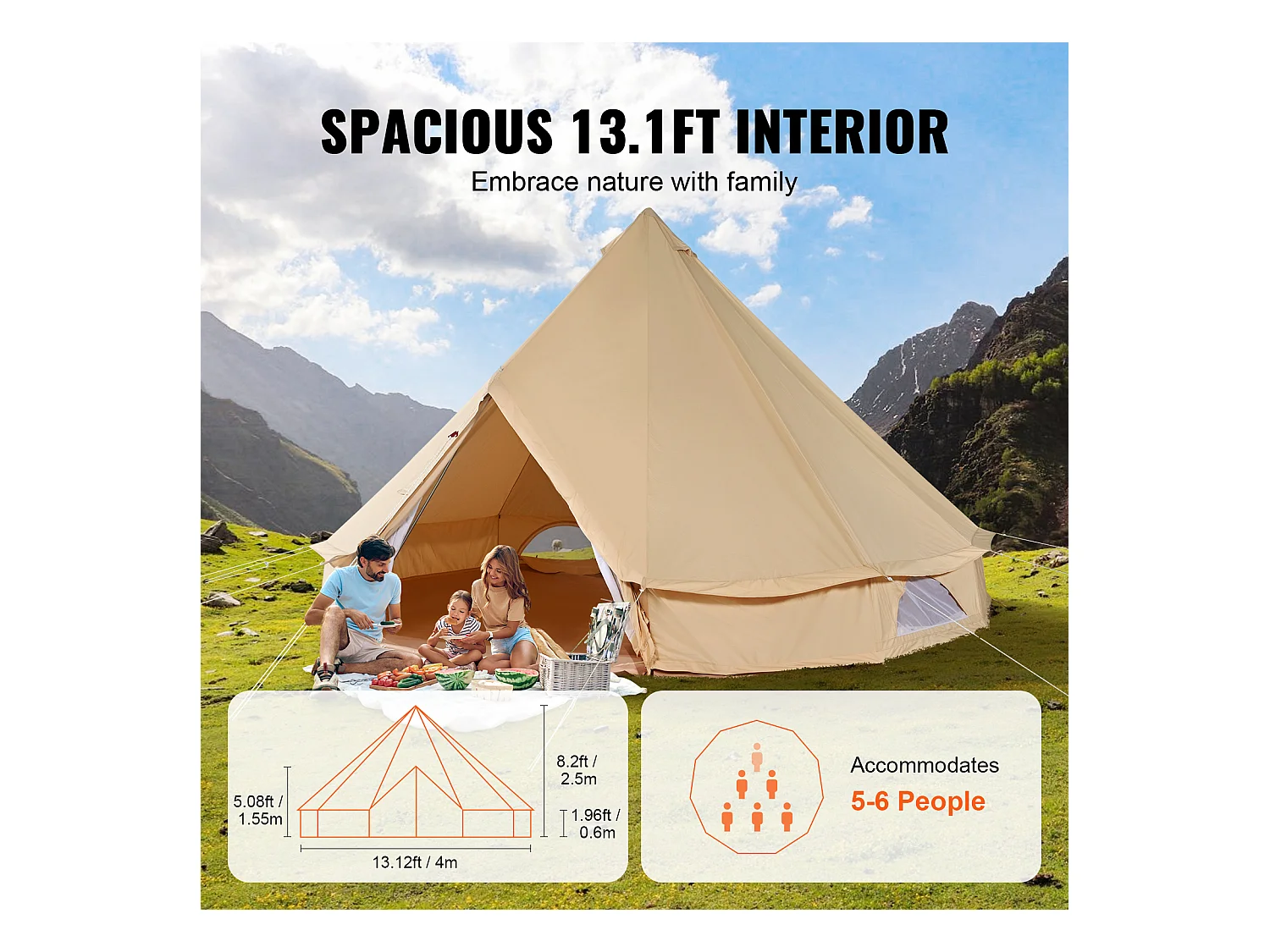 Tente Cloche en Toile SucceBuy 4 m, Tente de Camping Familiale, Yourte 4 Saisons, pour les Groupes en Plein Air, les Fêtes et la Chasse