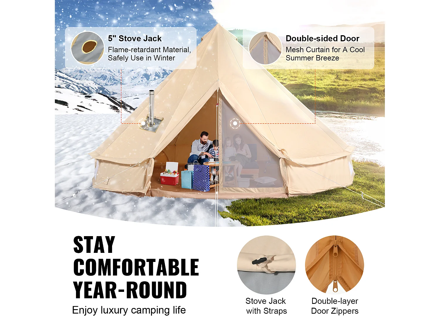 Tente Cloche en Toile SucceBuy 4 m, Tente de Camping Familiale, Yourte 4 Saisons, pour les Groupes en Plein Air, les Fêtes et la Chasse